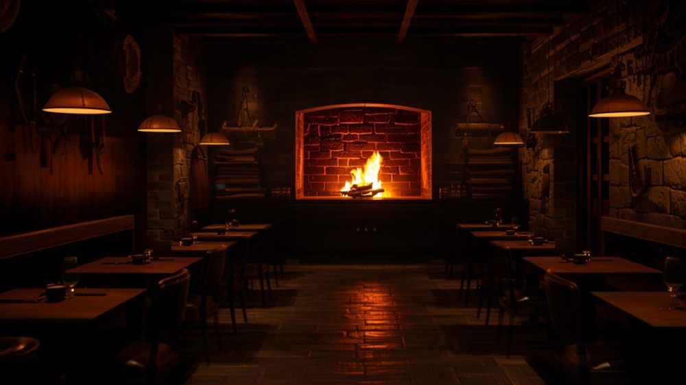 Salón del restaurante con parrilla de leña encendida y aperos de arriería en las paredes