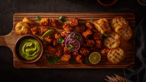 Tabla de entradas con chicharrón, empanaditas y guacamole